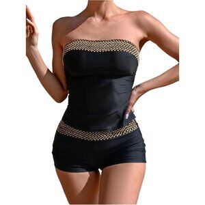 Women's 2 Piece Black Tankini Set Strapless Bandeau Boyshorts Swimsuit LARGE